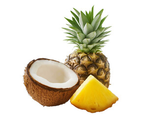 Tropical fruits coconut and pineapple on transparent background