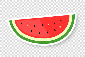 A slice of watermelon on a transparent background. A sticker with a slice of watermelon and a shadow. Cartoon retro style. Vector illustration.