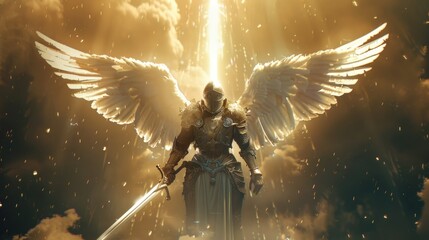 Angel knight holding sword and in armor hovers illuminated by divine light