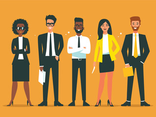 Group diverse business professionals standing confidently. Illustration features men women different ethnicities business attire. Characters exude professionalism teamwork office setting