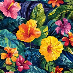 Fototapeta premium Vibrant tropical floral pattern with colorful hibiscus flowers and lush green leaves, creating a lively and exotic design.