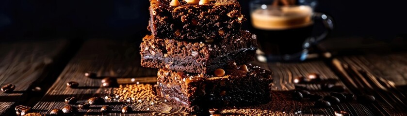 Deliciously rich chocolate brownies stacked on a wooden surface with a cup of coffee in the background, perfect for dessert lovers.
