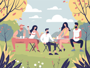 Group young adults enjoying picnic outdoors, casual clothing, diverse friends relaxing, social gathering, nature, park setting. Two men, two women, sitting, talking, drinking, leisure activity