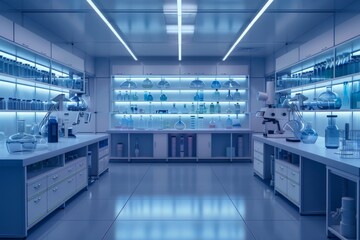 Spacious lab filled with numerous glass shelves