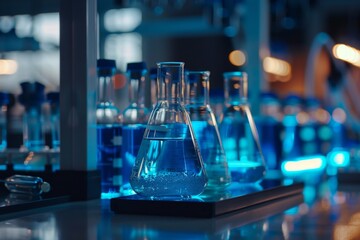 Multiple glass vessels on table under blue lights