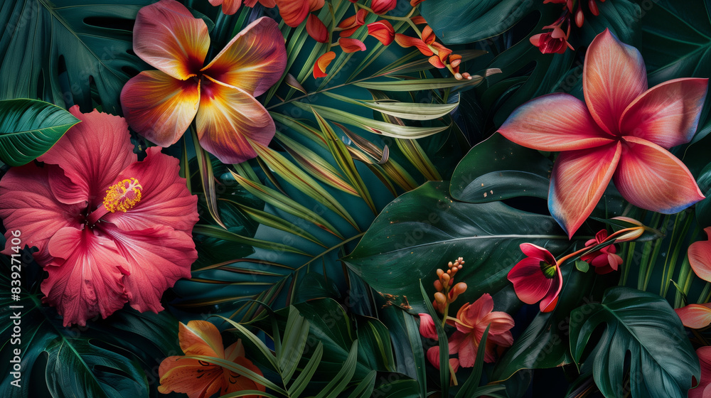 Wall mural Lush colorful tropical leaves and flowers background