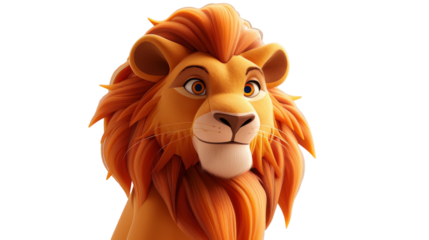 A close-up portrait of an animated lion with a red mane and brown eyes