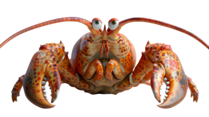 A large red lobster with large, white eyes stares directly at the camera