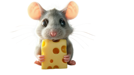 A close-up of a grey mouse holding a large piece of yellow cheese in its mouth