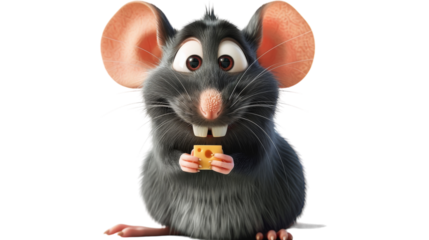 An animated rat with big ears and a wide smile holds a piece of cheese