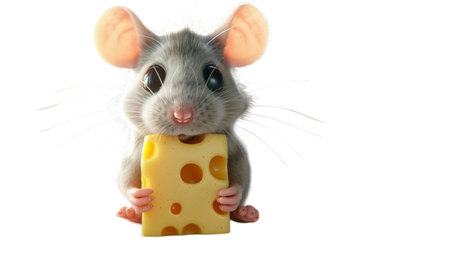 A close-up of a grey mouse holding a large piece of yellow cheese in its mouth