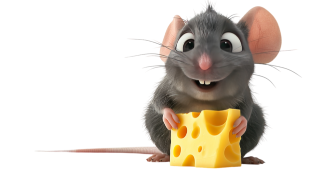 A cartoon mouse holds a big block of cheese