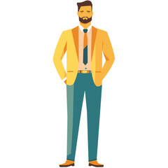 Confident businessman standing, stylish yellow blazer, teal trousers, brown shoes, smiling, hands pockets. Professional attire, modern look, isolated white background, cheerful male character