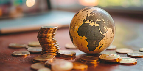 Concept of Global finance concept with world globe and coins on a table.