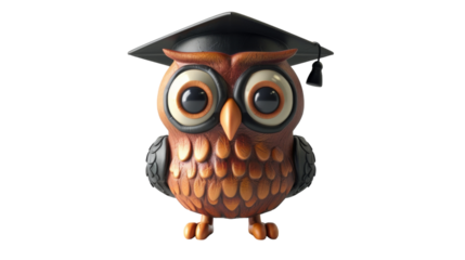 A brown owl wearing a black graduation cap and gown