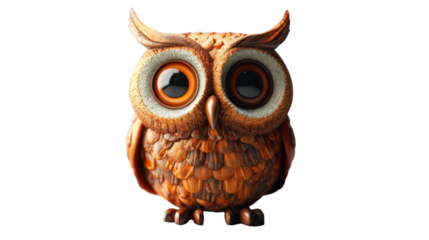 A close-up of a small wooden owl figurine with large, round eyes