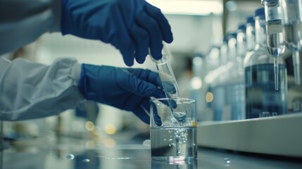 Scientist wearing blue gloves and a lab coat pours liquid from a test tube into a beaker in a laboratory.
