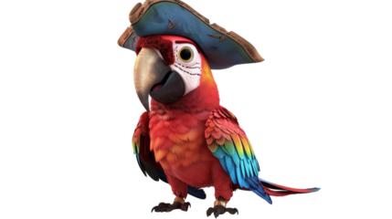 A red macaw parrot wearing a pirate hat