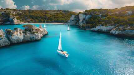 Obraz premium Sailboats Glide Through Turquoise Waters of a Secluded Coastal Lagoon. Generative AI
