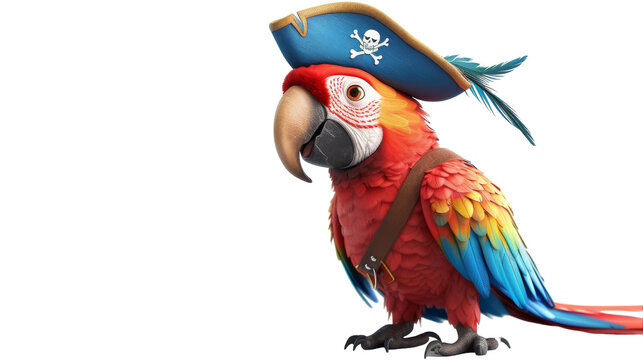 A red and blue macaw wearing a pirate hat