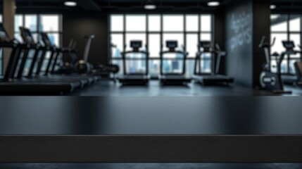 Black table top with gym background for product. Empty countertop mockup for sports nutrition or equipment.