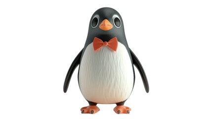A cartoon penguin with a red bow tie stands in front of a white background