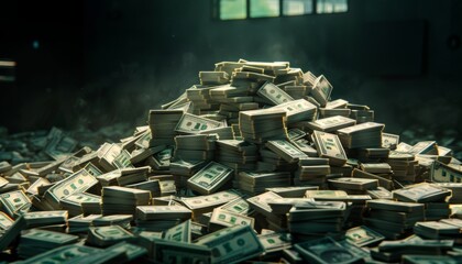 Big pile of US dollar notes a lot of money. Bill stacks cash, Millions of Dollars