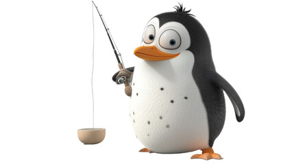 Fototapeta premium A cartoon penguin holds a fishing rod with a wooden bowl attached to the line
