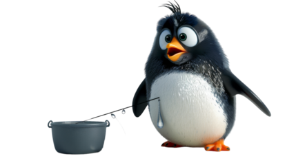 A cartoon penguin is fishing with a rod and a bucket