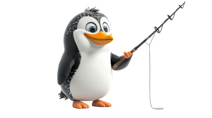 Obraz premium A cartoon penguin holds a fishing rod