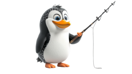 A cartoon penguin holds a fishing rod
