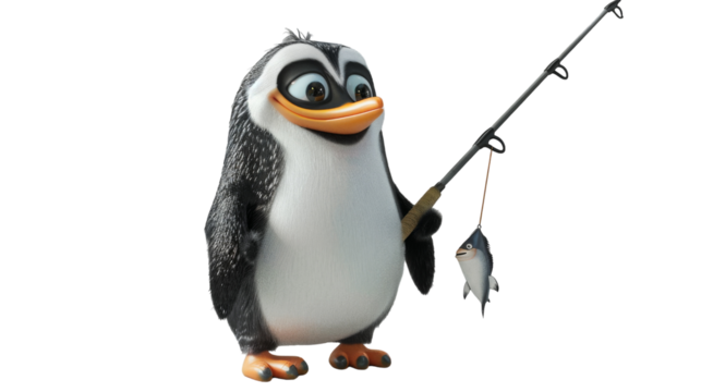 A cartoon penguin holds a fishing rod with a fish on the line
