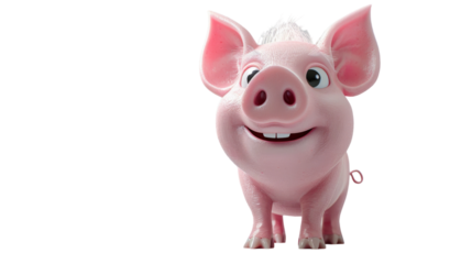 A cartoon pink pig with a happy expression stands on a white background