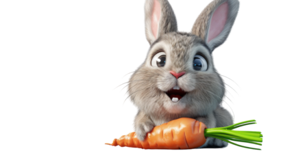 A cute, cartoon bunny holds a large, orange carrot