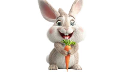 A cartoon bunny holds a carrot in its paws and smiles