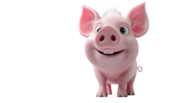 A cartoon pink pig with a happy expression stands on a white background