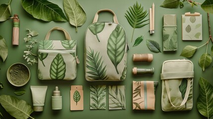Design sustainable promotional products for an ESG consulting firm, inspired by nature, with green leaf motifs and eco-friendly materials