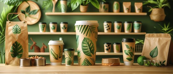 Create a line of ecofriendly promotional items for an ESG consulting firm, using nature motifs and sustainable materials, highlighting green leaves and recyclable packaging