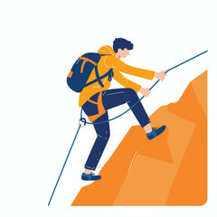 Obraz premium Male mountain climber ascending steep cliff using climbing sticks safety rope. Young climber backpack undertaking extreme sport challenge. Outdoor adventure activity, man climbing rock face