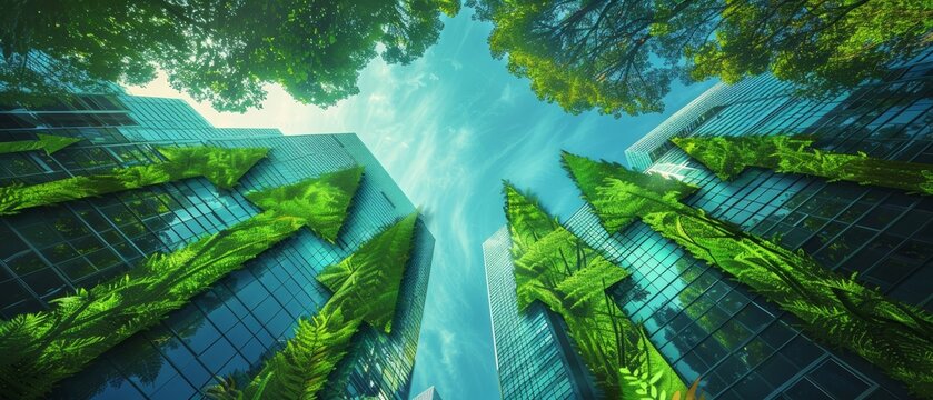 Corporate buildings with green arrows, symbolizing the integration of ESG practices in driving business growth and sustainability