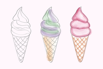 This illustration features three ice cream cones drawn in different styles. The first cone is outlined in black, while the second and third cones are filled in with watercolor-like colors