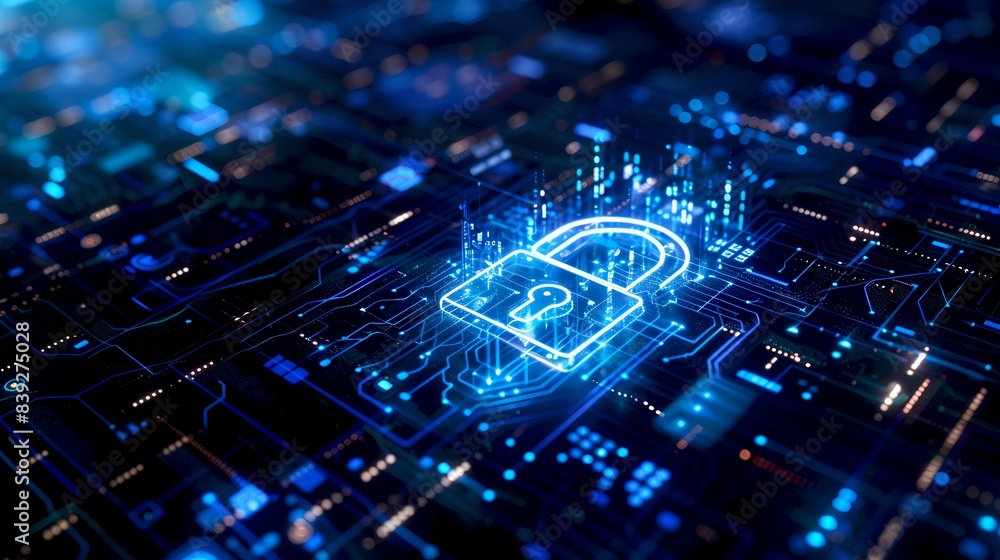Aufkleber digital security concept with glowing padlock on circuit board. abstract modern background. great fo