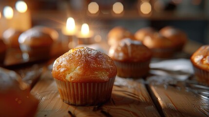 Freshly baked muffins with powdered sugar on a wooden table, lit by candles in the background, creating a cozy atmosphere.
