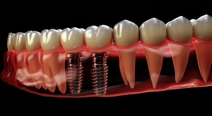 3D render: Teeth dental implant on black background. Medically accurate dental concept