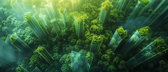 Business district with green arrows, showcasing the impact of ESG initiatives on sustainable growth and corporate responsibility