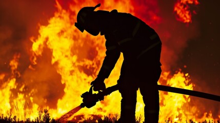 silhouette of a fireman who puts out a fire against the background of blazing fire and smoke --no text, titles, --ar 16:9 --quality 0.5 --stylize 0 Job ID: 78ba35bb-66fe-4d08-b8b4-fcc63caa09e7