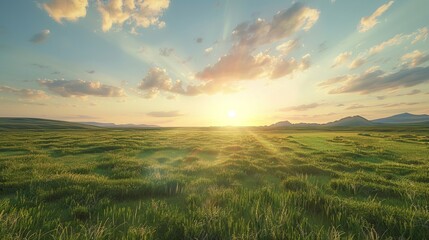 Obraz premium Sun shining over beautiful green meadow