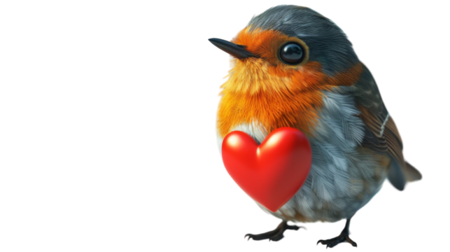 A robin bird with a red heart held against its chest