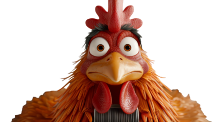 A cartoon rooster with big eyes looks directly at the camera