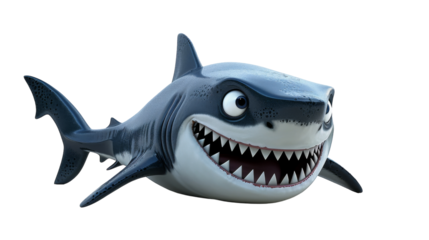 A cartoon shark with large teeth is grinning in front of a white background